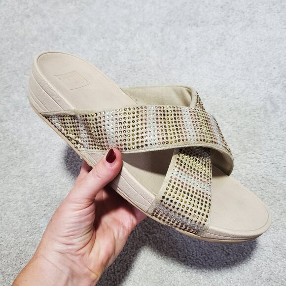 FITFLOP Slip-On Sequin Strobe Slide Sandals Stretch Beach Gold Silver Women's 11 - Picture 1 of 11